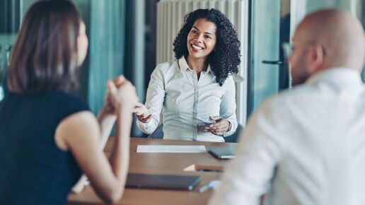 Business support meeting with a practice manager discussing firm operations with clients.